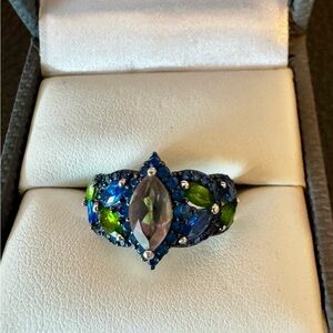 Mystic Fire(R) Green Topaz Lab Blue Spinel Chrome Diopside Rhodium. Sz6.